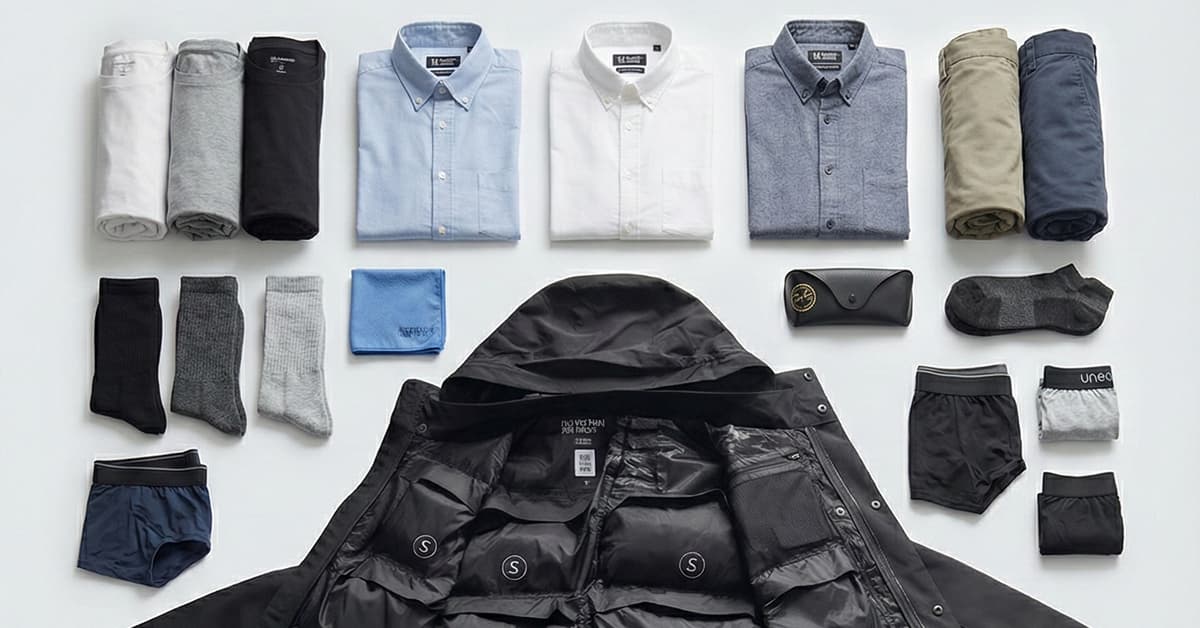 Video laden: NomadWear Airport Jacket wird gepackt und zeigt, wie Kleidung, Technik und Reise-Essentials in den integrierten Taschen Platz finden.