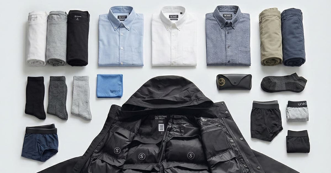 NomadWear Airport Jacket wird gepackt und zeigt, wie Kleidung, Technik und Reise-Essentials in den integrierten Taschen Platz finden.